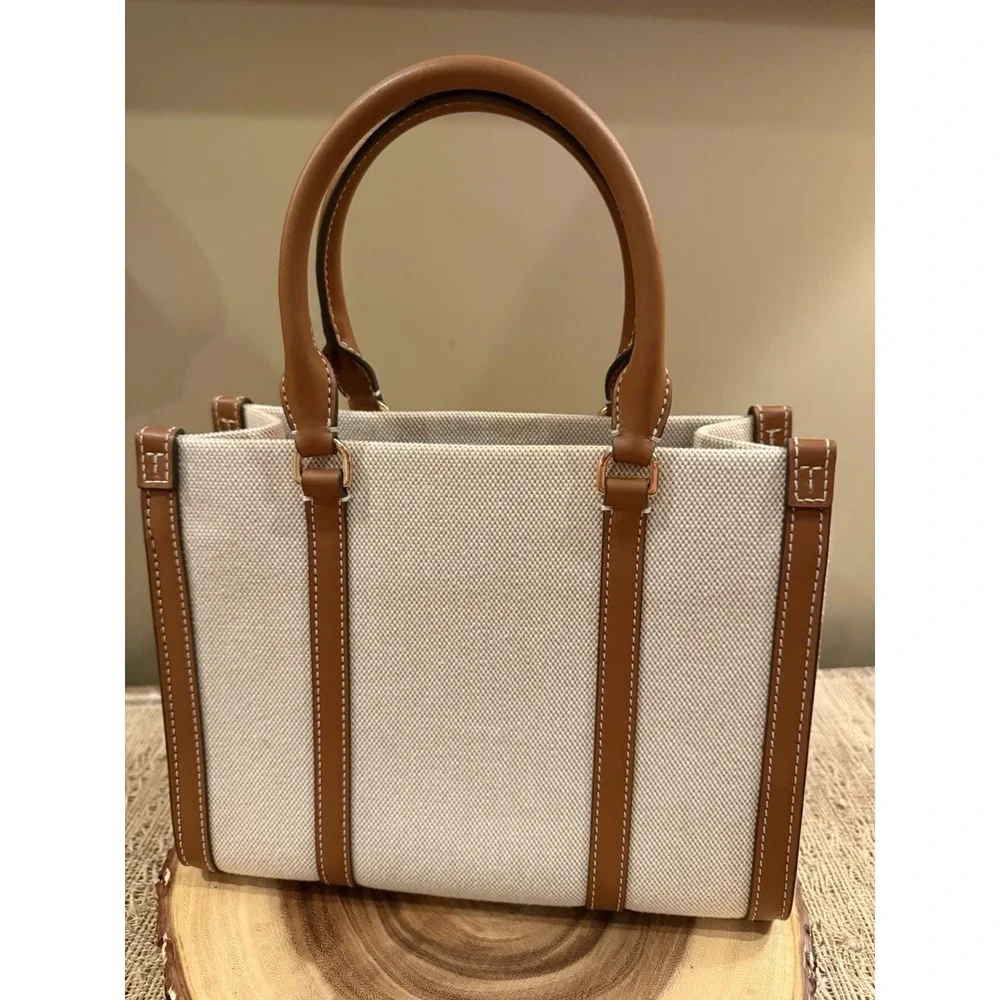 Tory Burch Blake Canvas Classic  Cuoio Small Tote Natural & Tan Style 145356 New
